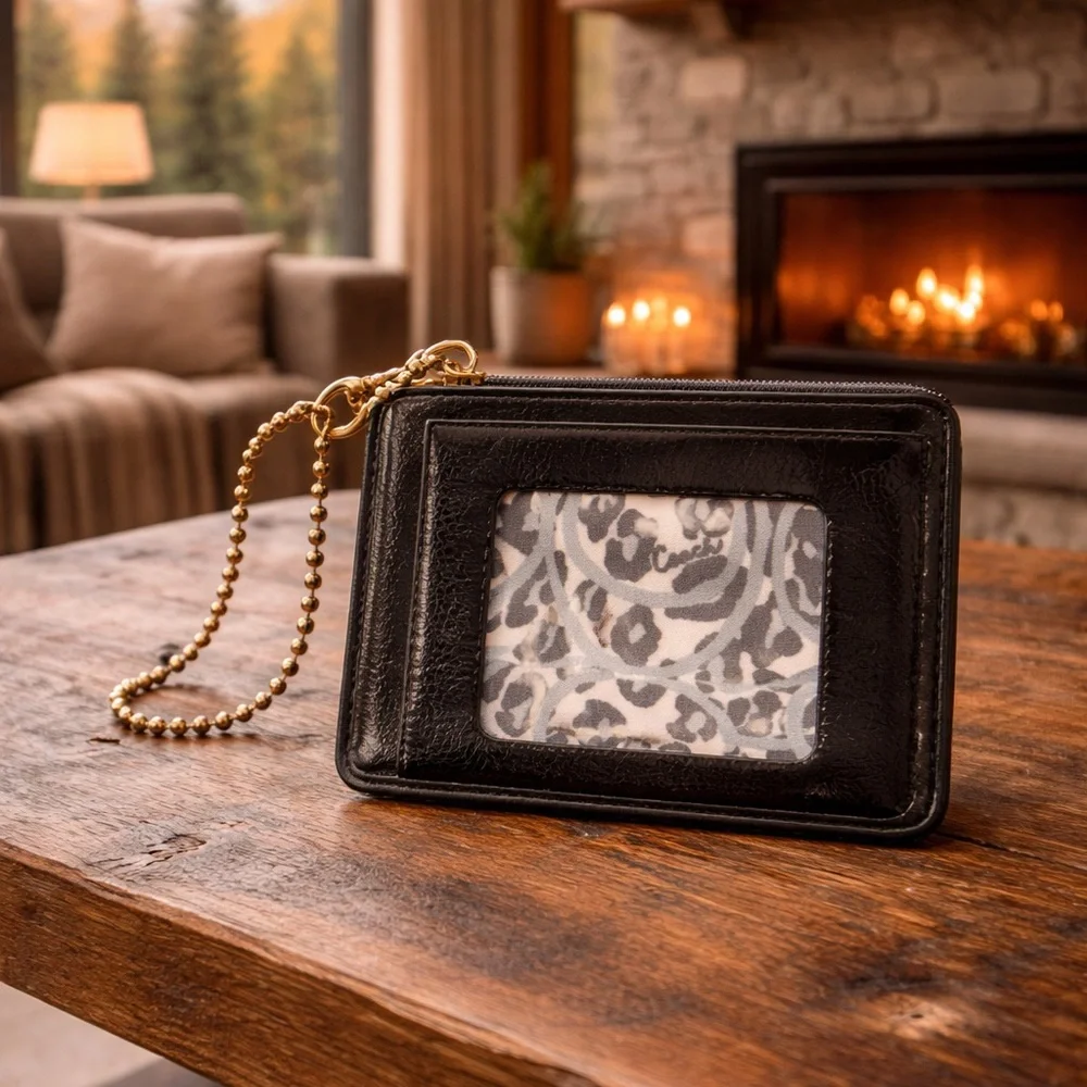 Coach Poppy  Black Leather Card Case with Gold Script and Chain - Picture 2 of 2